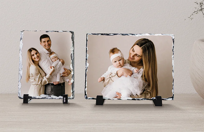 Foto Stone Plate|Stone Plate with Family Photo|Side View of Stone Plate with Baby, Mum and Dad|Two Young People Printed on a Stone|Personalised Gift Stone Plate with Printed Image||||||