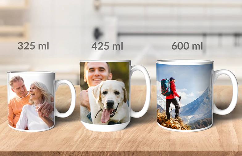 Drei personalisierte Tassen (325ml, 425ml, 600ml) in Deutschland, individuell gestaltet mit einzigartigen Fotodesigns.