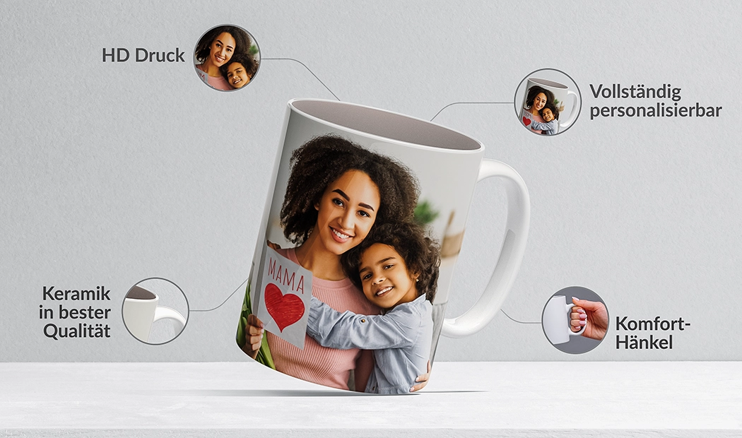 Personalisierte Keramik-Tasse mit HD-Druck, zeigt Mutter und Tochter; in Deutschland, perfektes Geschenk.