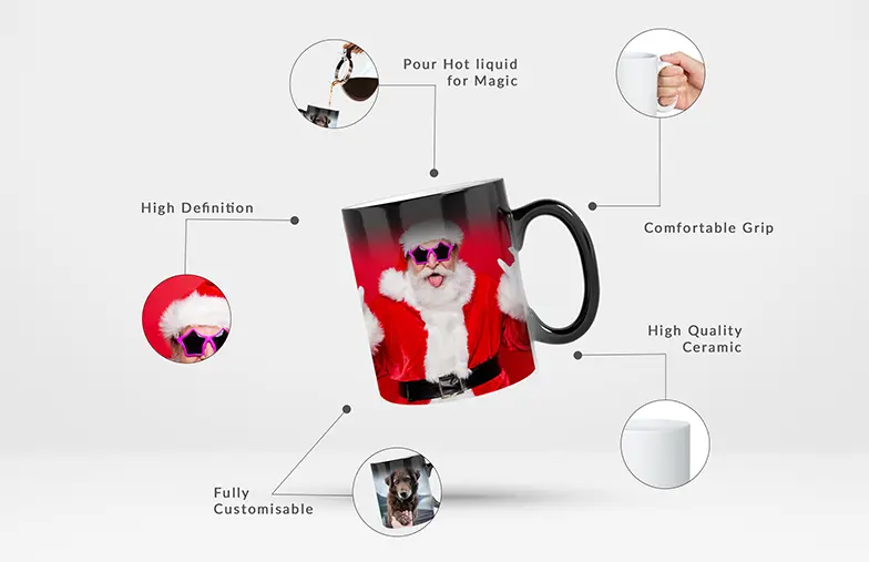 Magische Tasse mit einem Katzenbild, in die auf einem Schreibtisch Tee gegossen wird